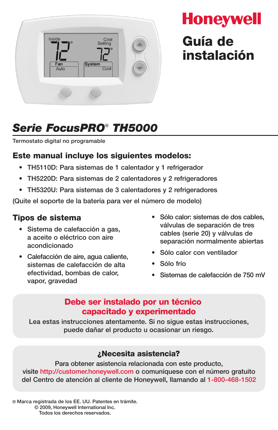 Guía De Instalación Serie Focuspro Th5000 Honeywell Focuspro Th5000 Series User Manual 3398