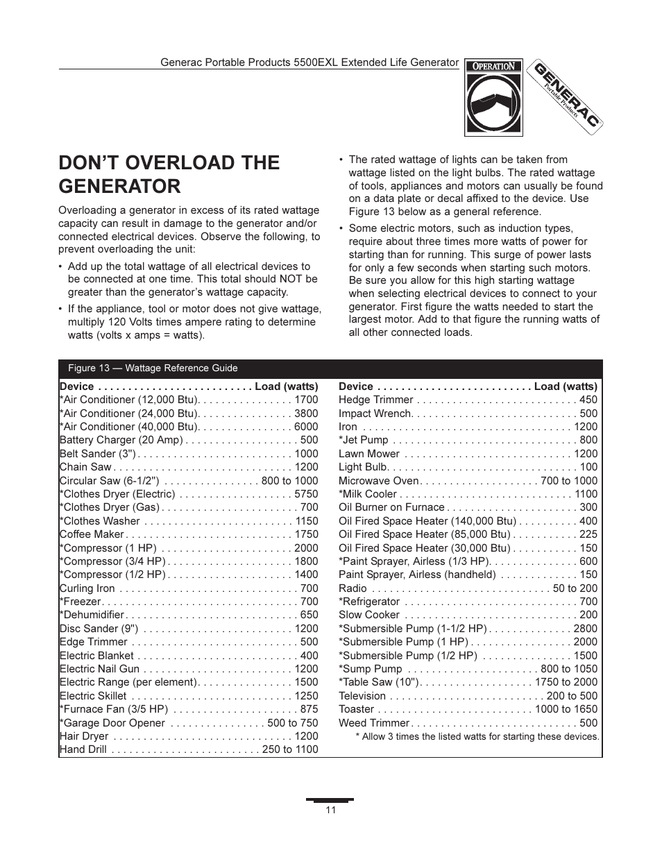 Don t overload the generator | Generac 5500EXL User Manual | Page 11 / 20