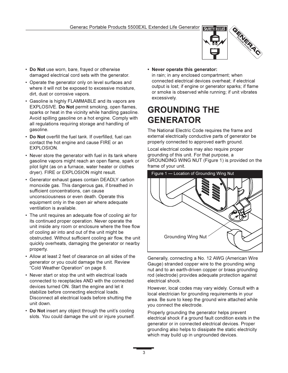 Grounding the generator | Generac 5500EXL User Manual | Page 3 / 20