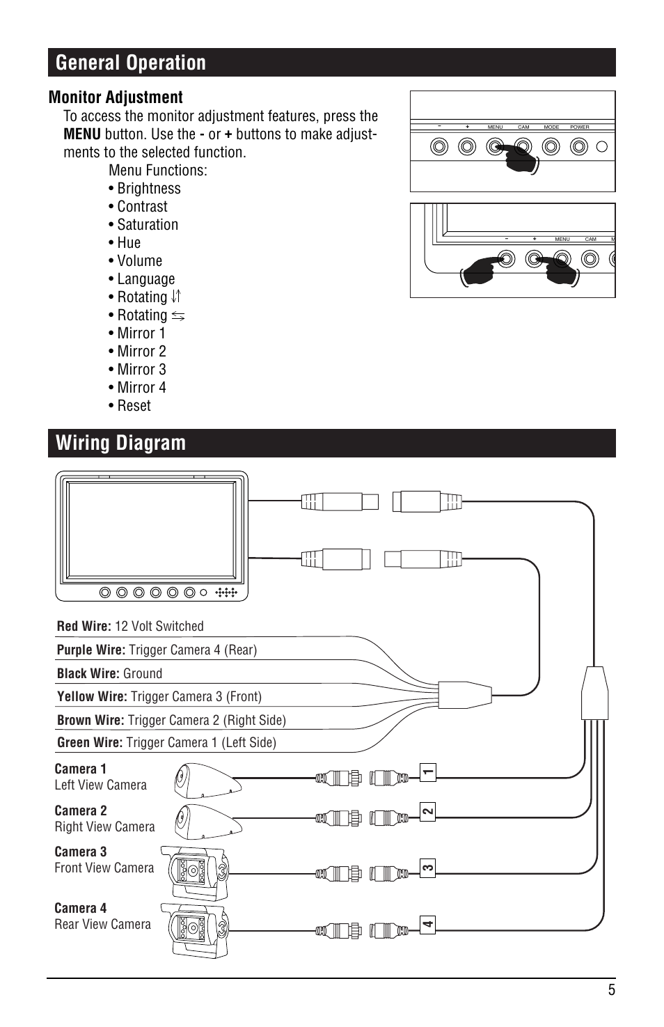 General operation, Wiring diagram, Monitor adjustment | Magnadyne 7