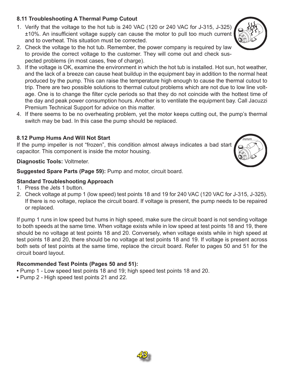 11 troubleshooting a thermal pump cutout, 12 pump hums and will not