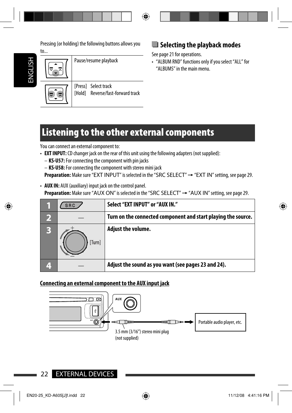 Listening to the other external components, Selecting the playback