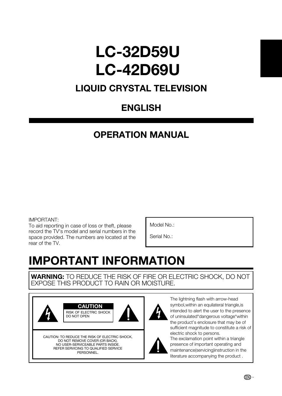 Important information, Operation manual, Liquid crystal television