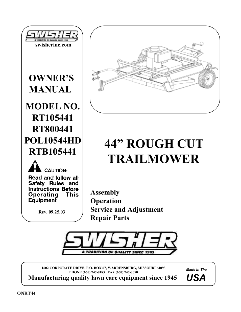 Swisher RT105441 User Manual | 18 pages | Also for: RTB105441