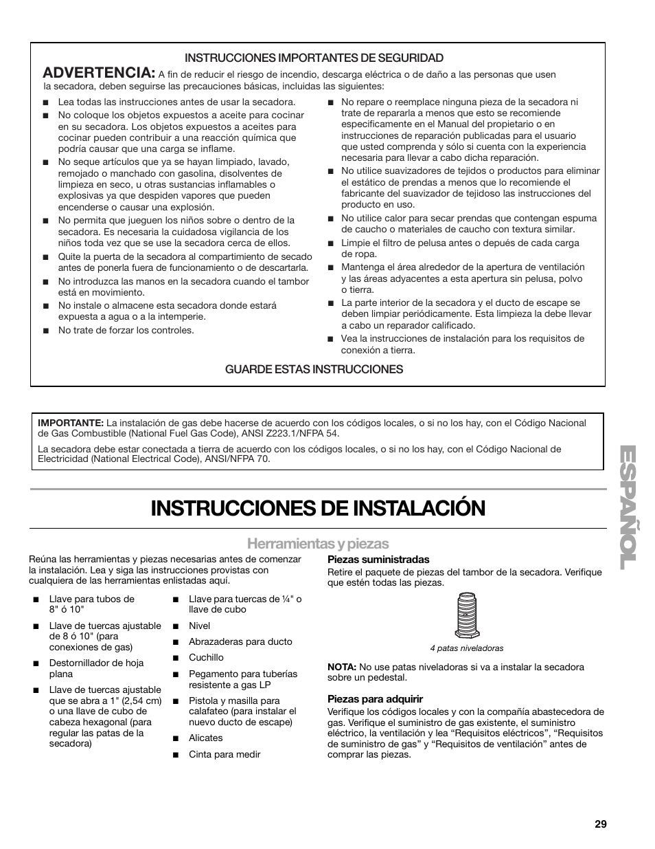 Instrucciones de instalación, Herramientas y piezas, Advertencia