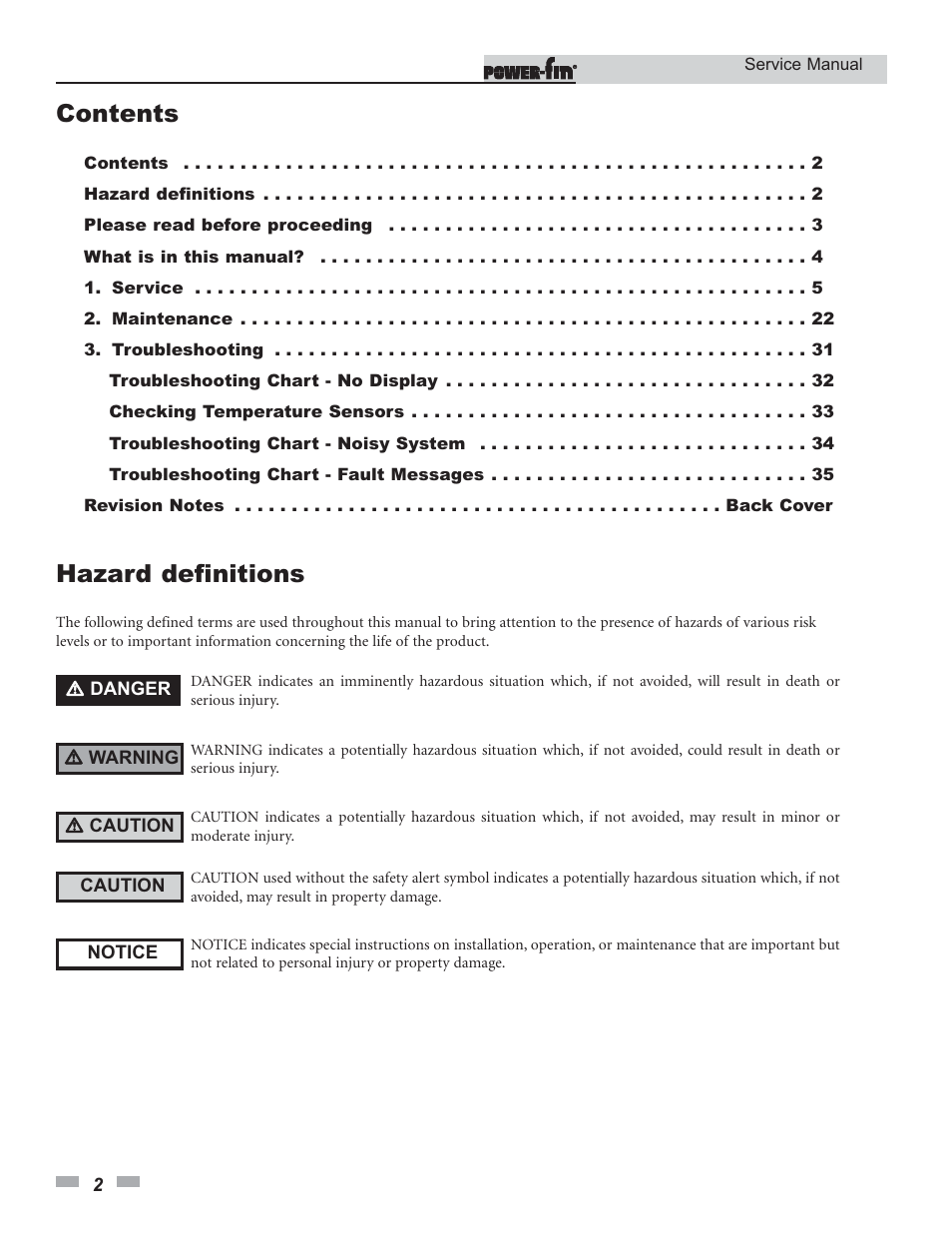 Contents hazard definitions | Lochinvar Power-fin 1701 User Manual