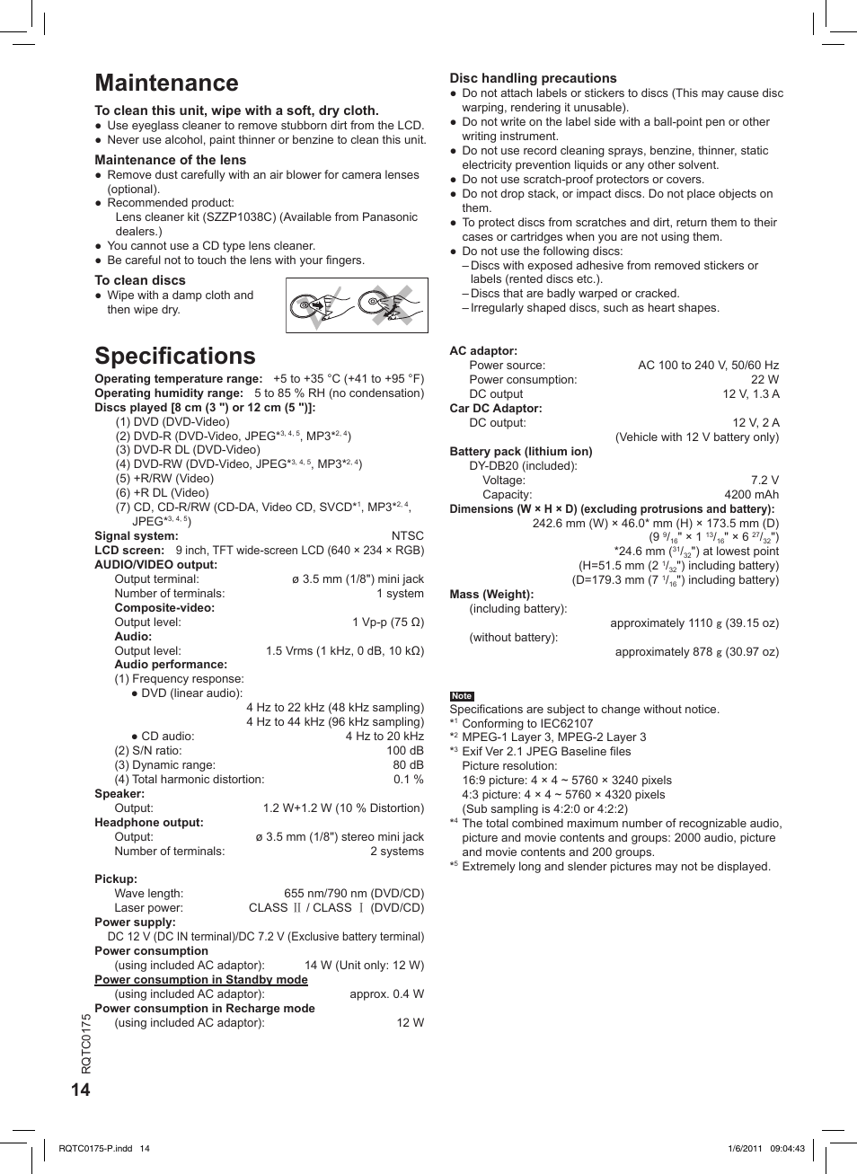 Maintenance, Specifications, Speciﬁcations | Panasonic DVD-LS92 User