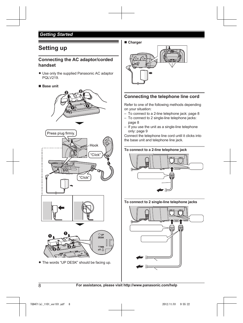 Getting started, Setting up | Panasonic KX-TG9471 User Manual | Page 8 / 64