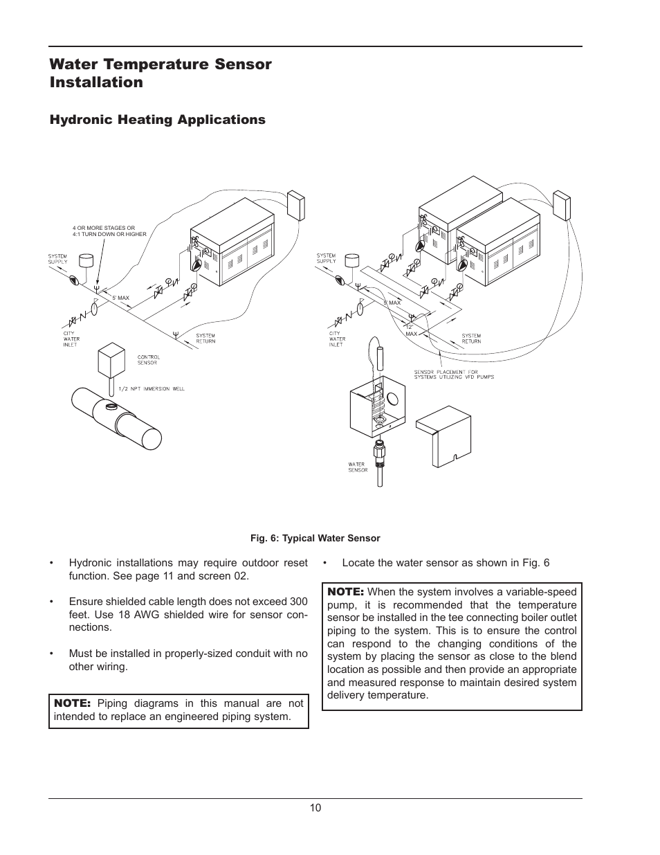 Water temperature sensor installation, Hydronic heating applications