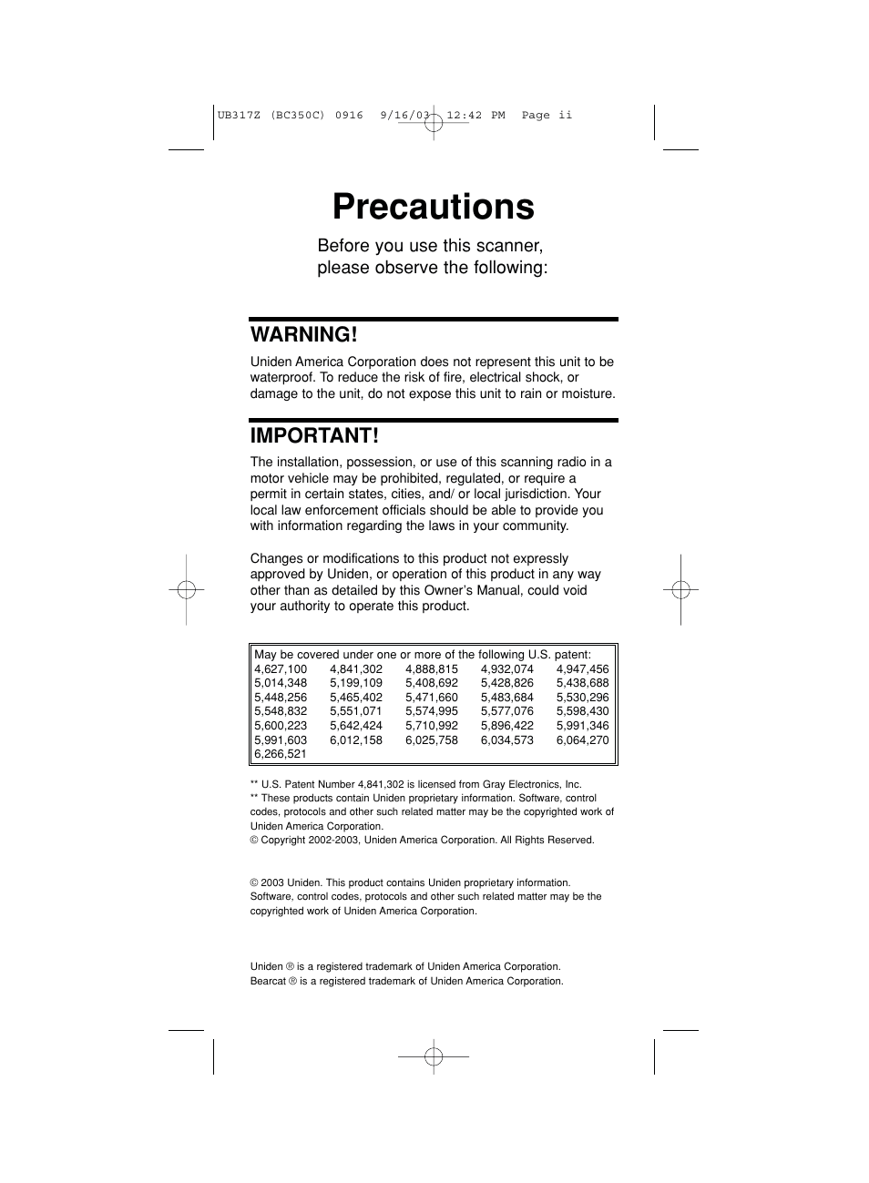 Precautions, Warning, Important | Uniden BC350C User Manual | Page 2 / 40