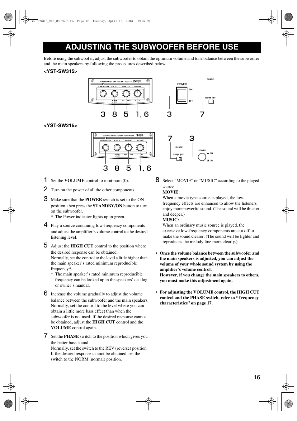 Adjusting the subwoofer before use | Yamaha HTR-5940 AV User Manual