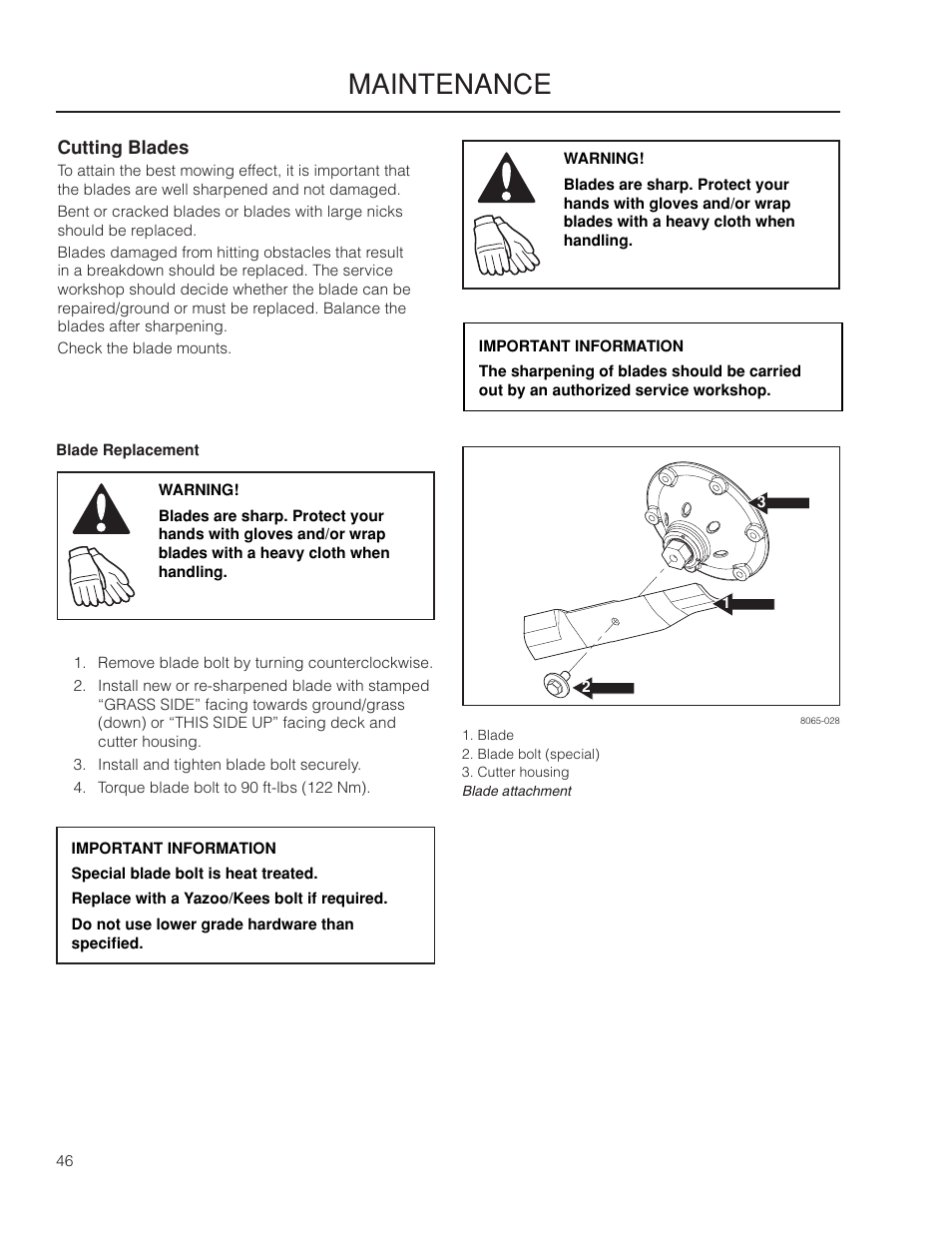 Cutting blades, Maintenance | Yazoo/Kees ZPKW5426 User Manual | Page 46