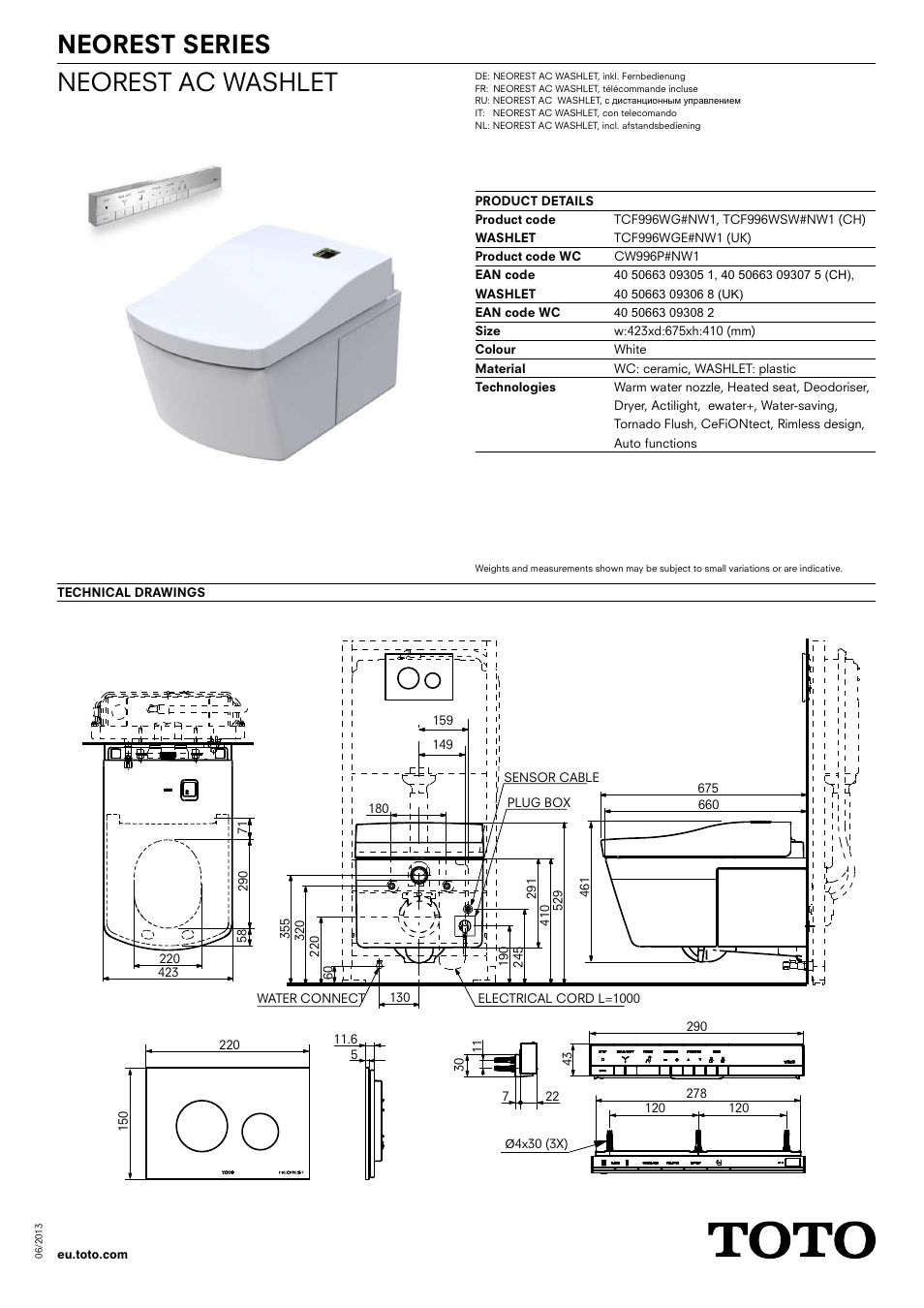 Toto Neorest AC WASHLET TCF996WG#NW1 User Manual | 1 page