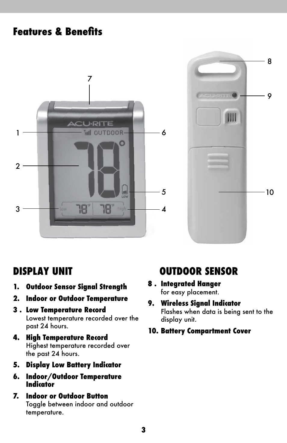 Features & benefits display unit, Outdoor sensor | AcuRite 00380