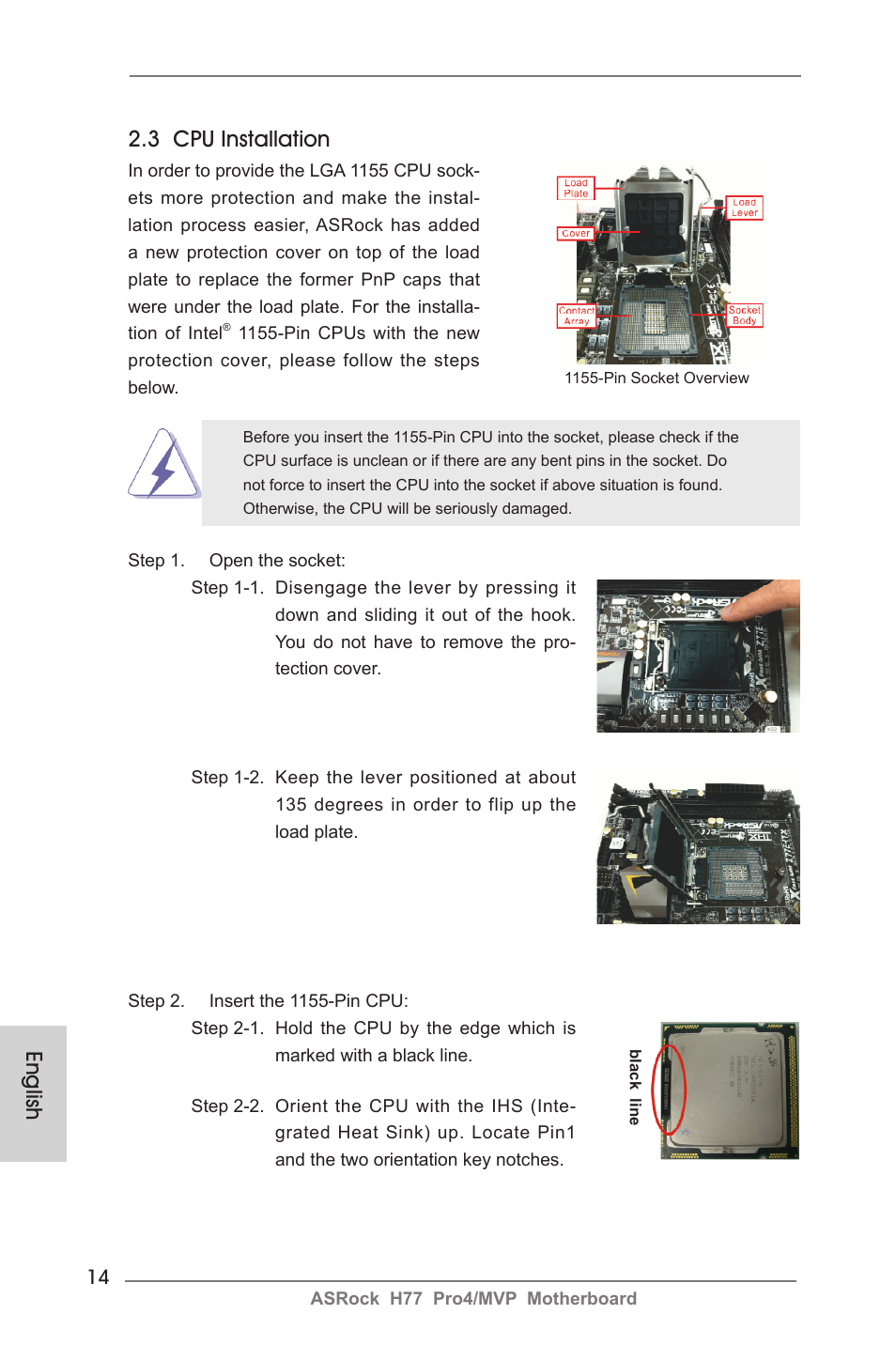 English, 3 cpu installation | ASRock H77 Pro4__MVP User Manual | Page