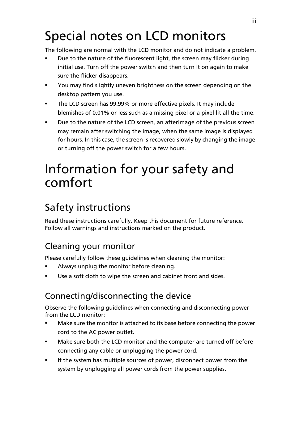 Special notes on lcd monitors, Information for your safety and comfort