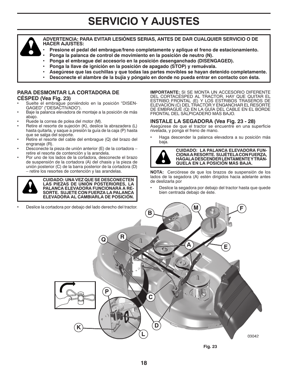 Servicio y ajustes | Poulan Pro PB175A46 LAWN TRACTOR User Manual