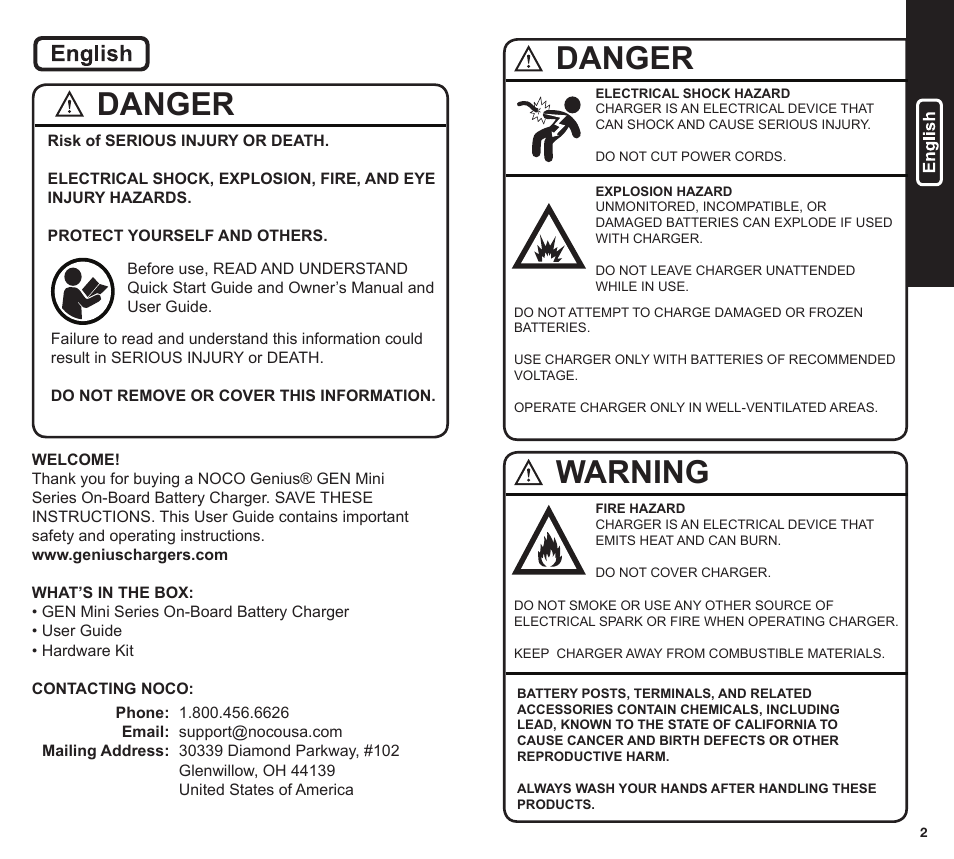 Danger warning, Danger | NOCO Genius GEN Mini Series User Manual | Page