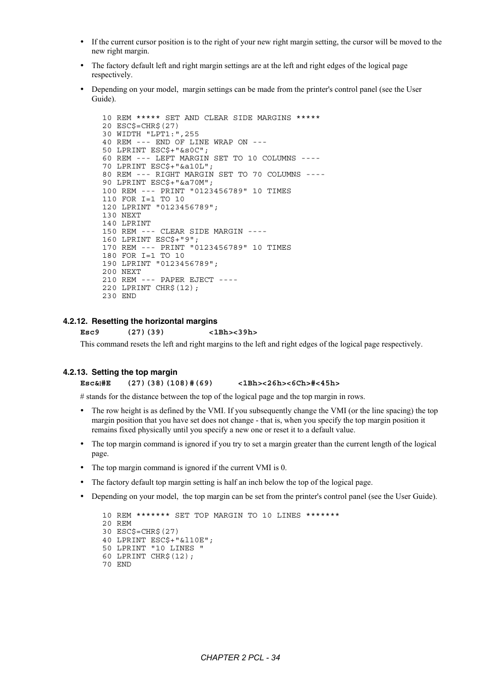 Resetting the horizontal margins, Setting the top margin | Brother HL