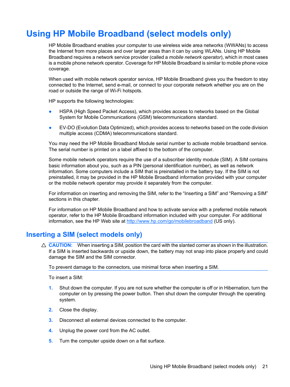 Using hp mobile broadband (select models only), Inserting a sim (select