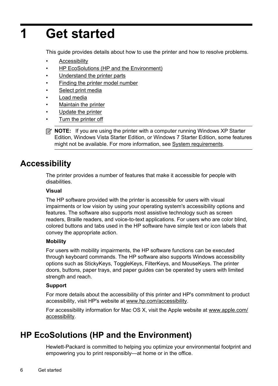 Get started, Accessibility, Hp ecosolutions (hp and the environment
