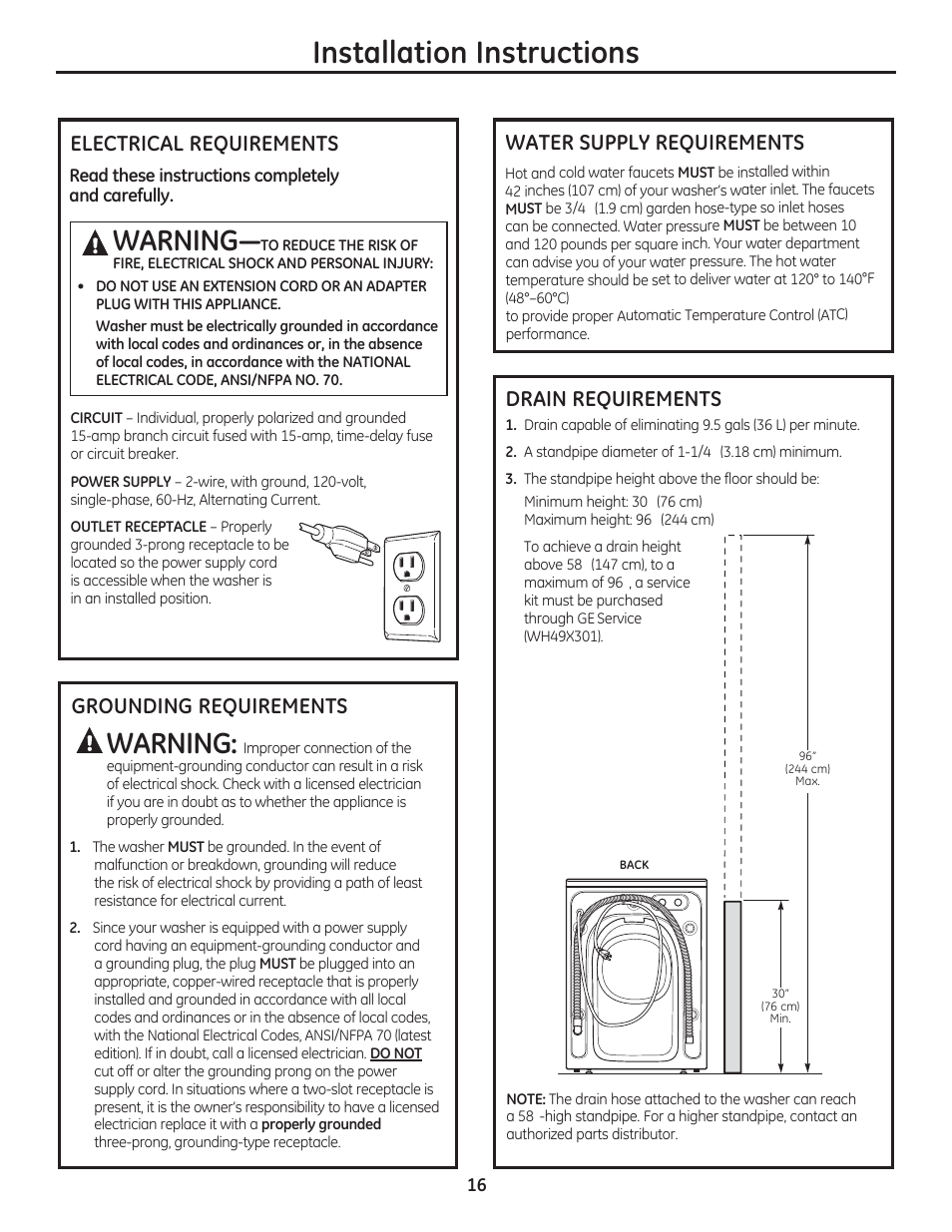 Installation Instructions Warning Electrical Requirements