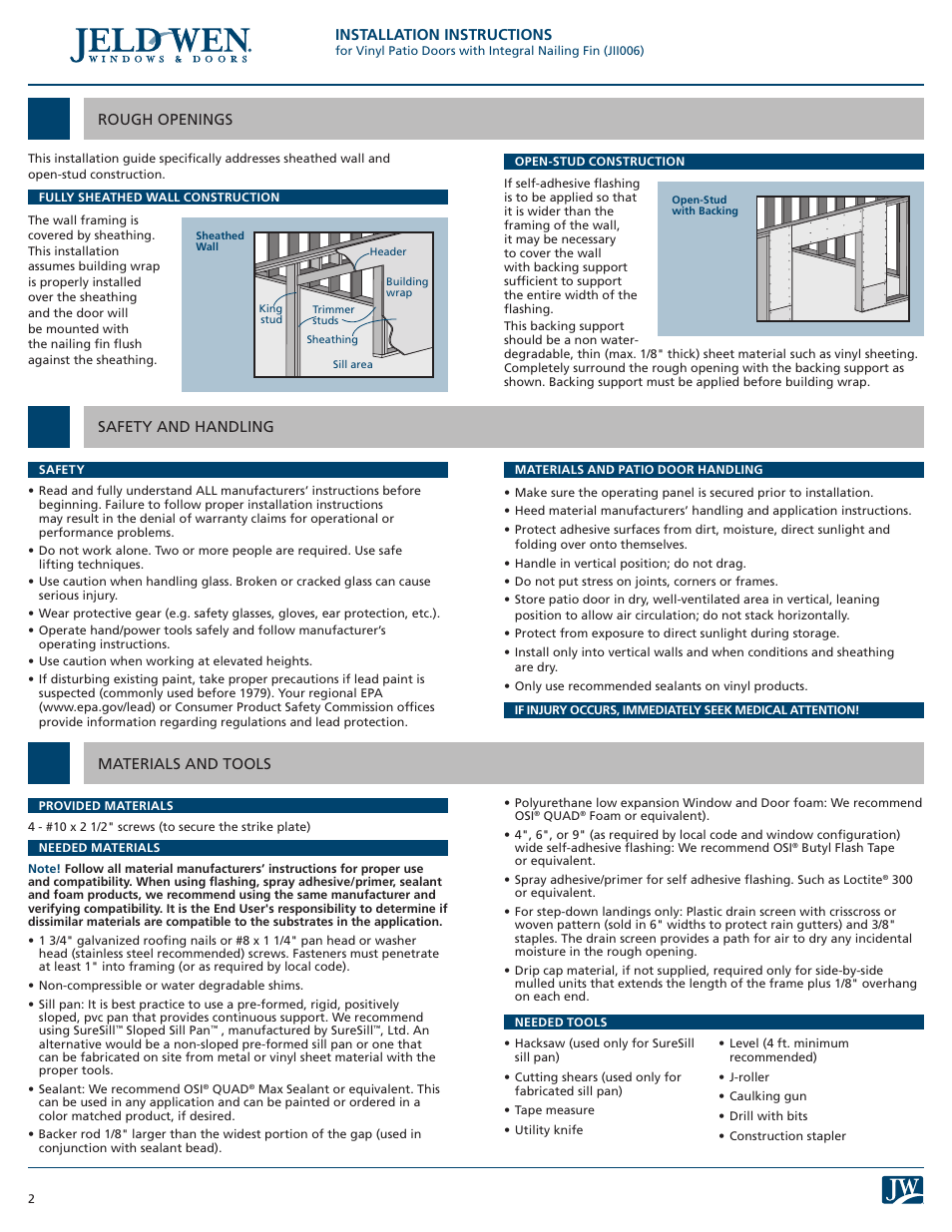 Installation Instructions Jeld Wen Jii006 Vinyl Patio Doors With