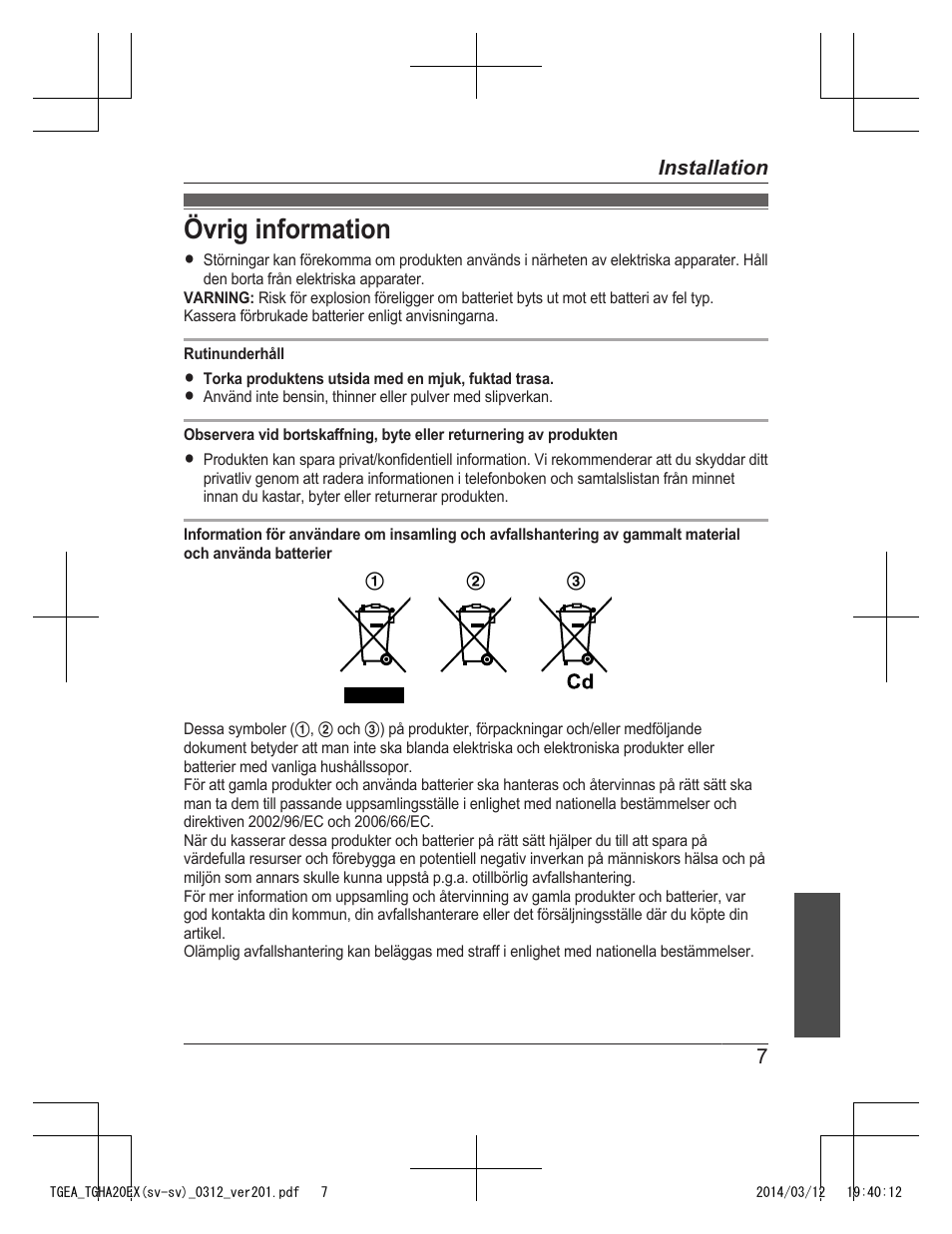 Övrig information | Panasonic KXTGEA20EX User Manual | Page 39 / 112