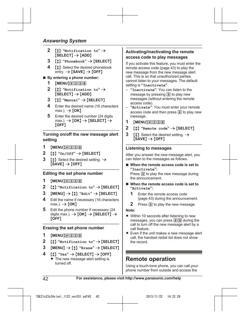 Remote operation | Panasonic KXTGE240 User Manual | Page 42 / 68