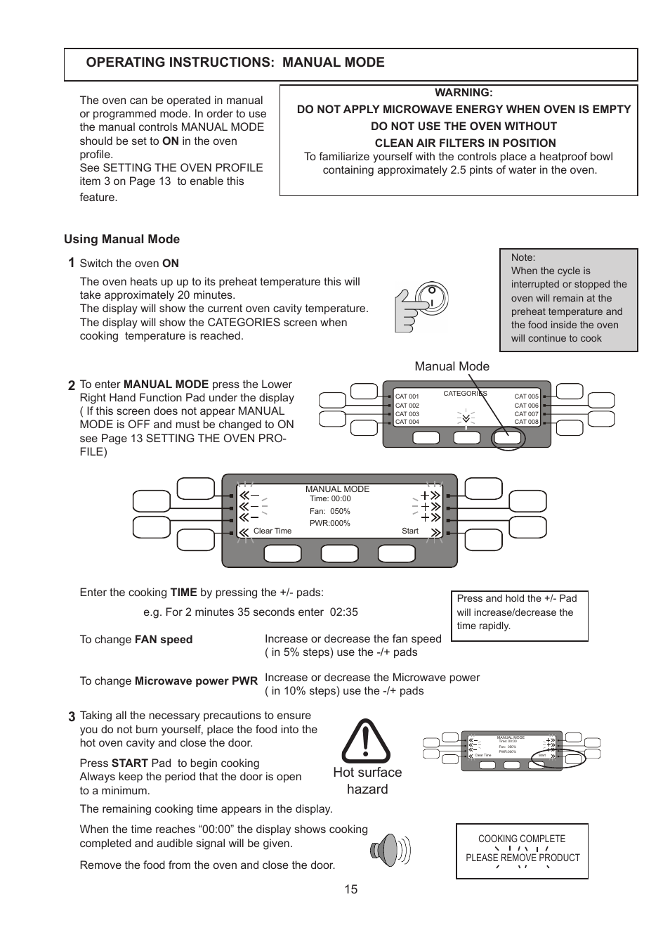 Operating instructions: manual mode, Hot surface hazard | Merrychef