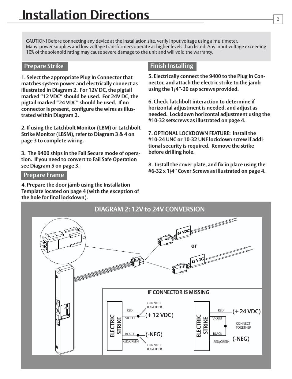 Installation directions, Prepare strike, Prepare frame | HES 9400 User