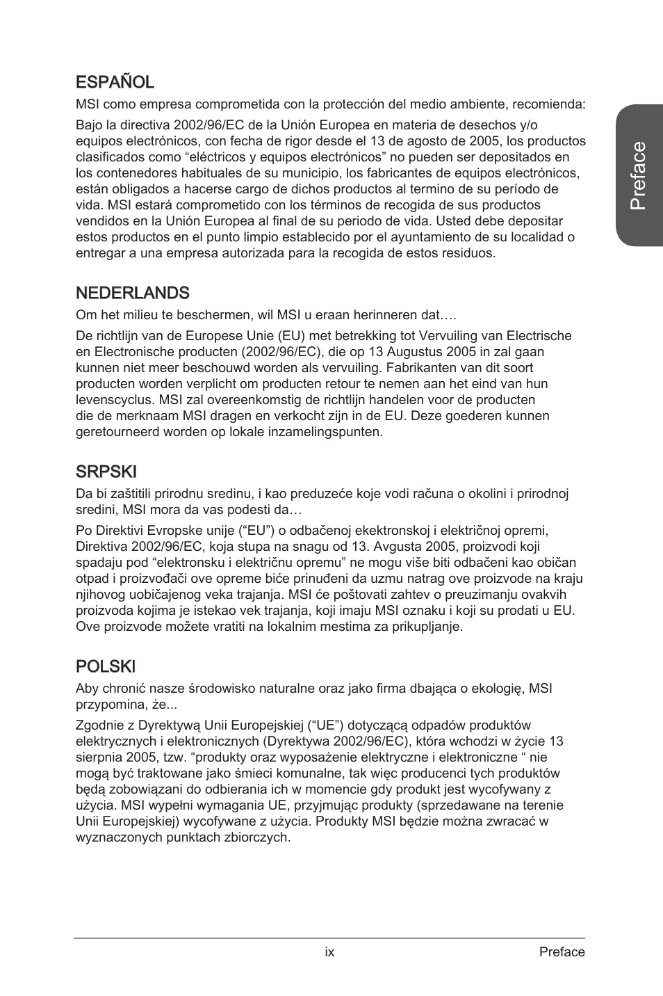 Preface, Español, Nederlands | MSI 970 GAMING User Manual | Page 9 / 90