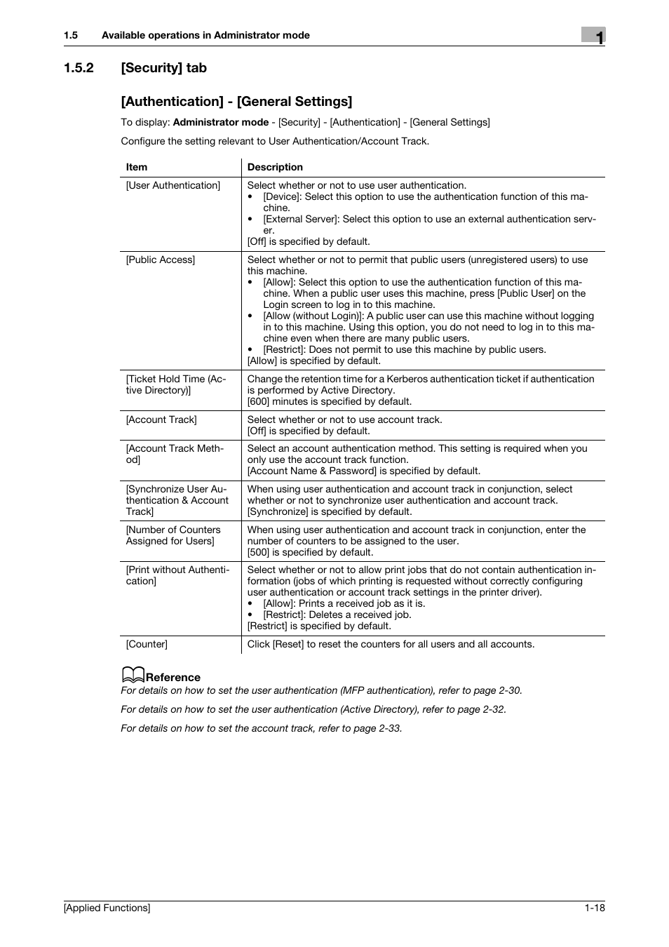 2 [security] tab, Authentication] - [general settings | Konica Minolta