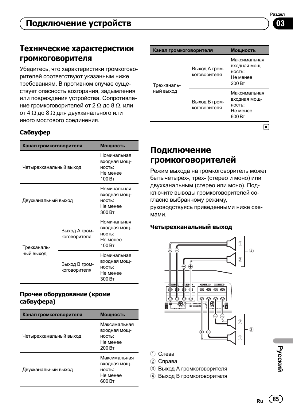 Технические характеристики громкоговорителя, Подключение