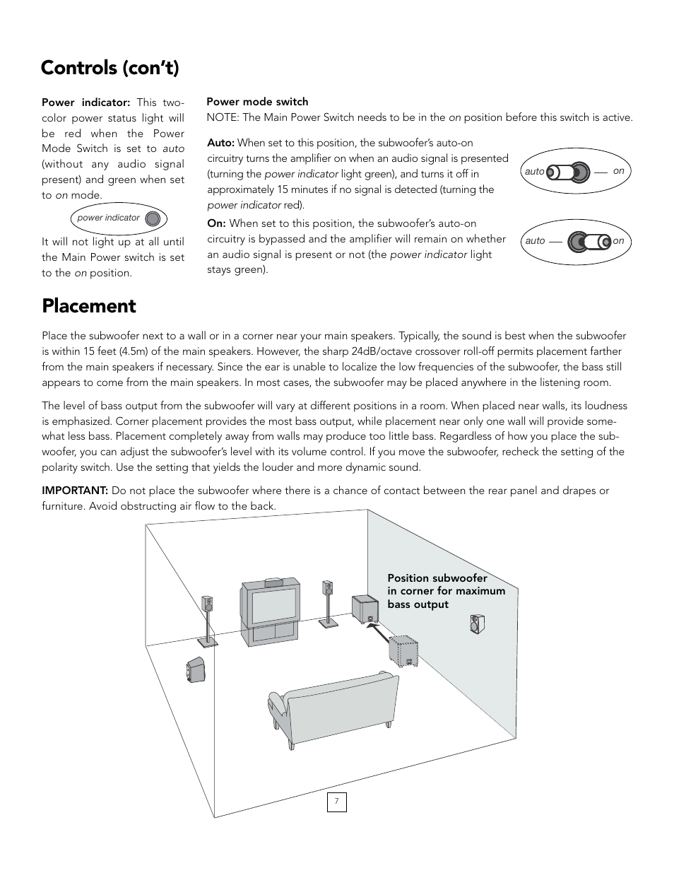 Placement, Controls (con’t) | Boston Acoustics POWERED PV700 User