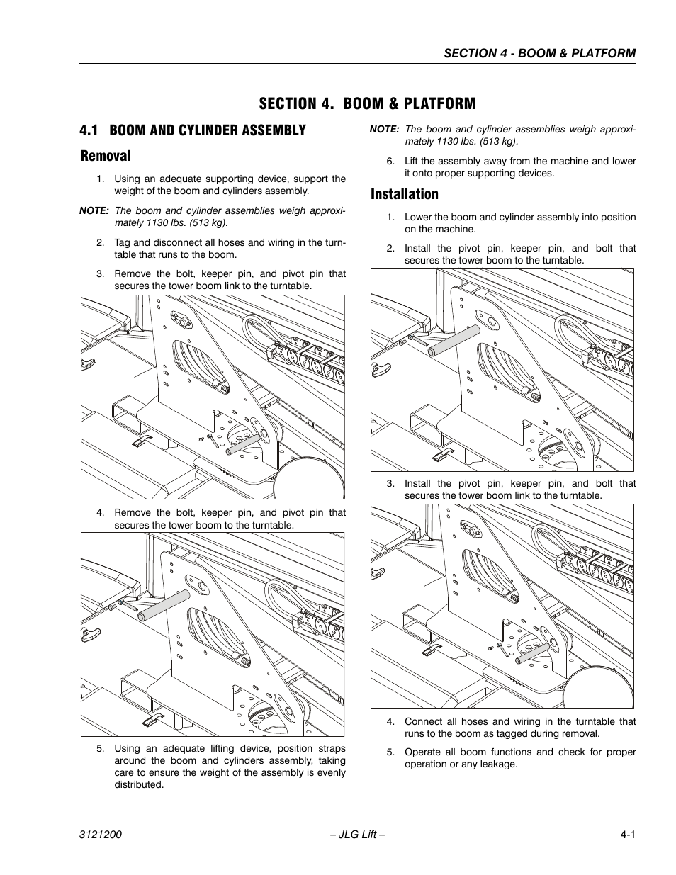 Section 4. boom & platform, 1 boom and cylinder assembly, Removal | JLG