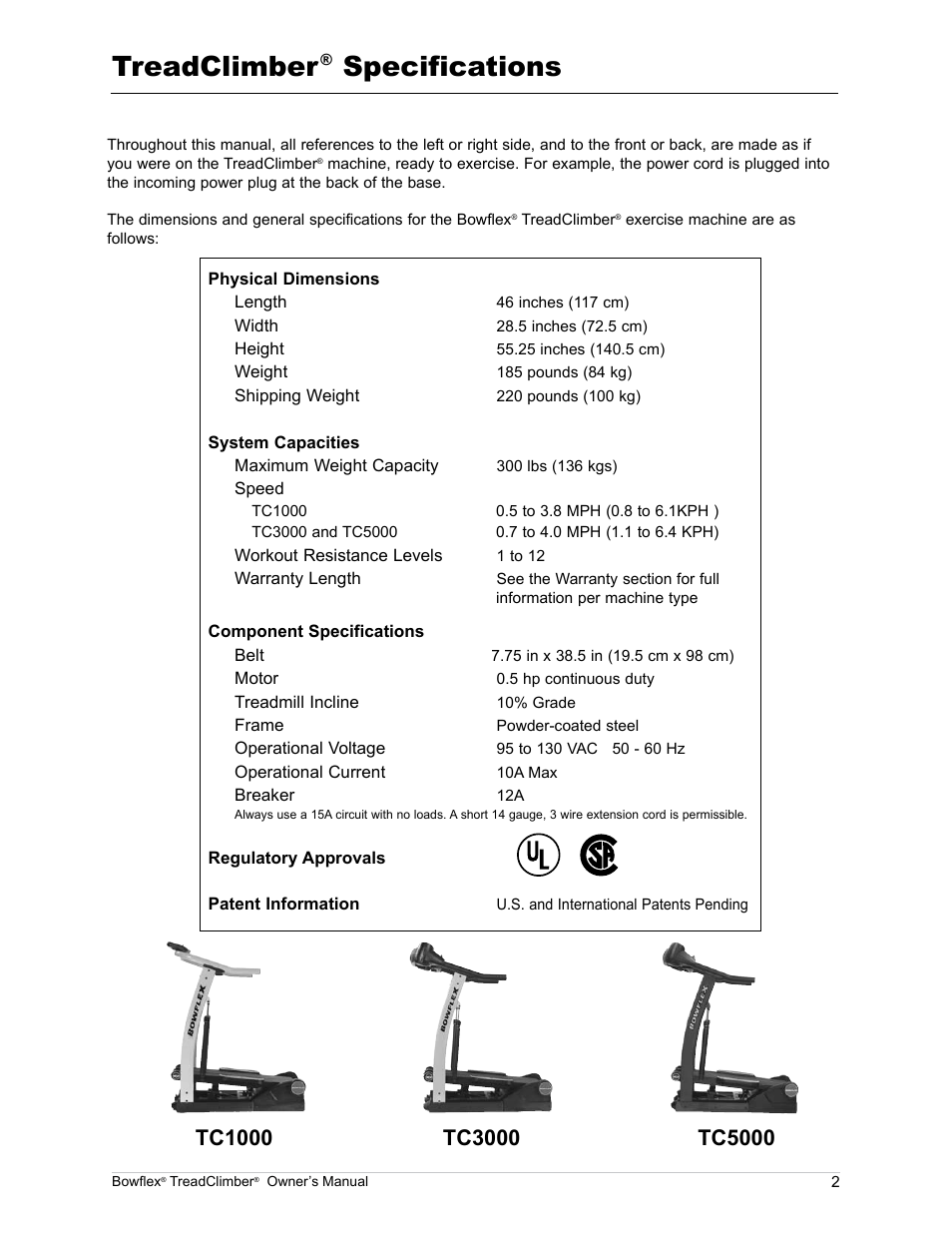 Treadclimber, Specifications | Bowflex TreadClimber TC5000 User Manual