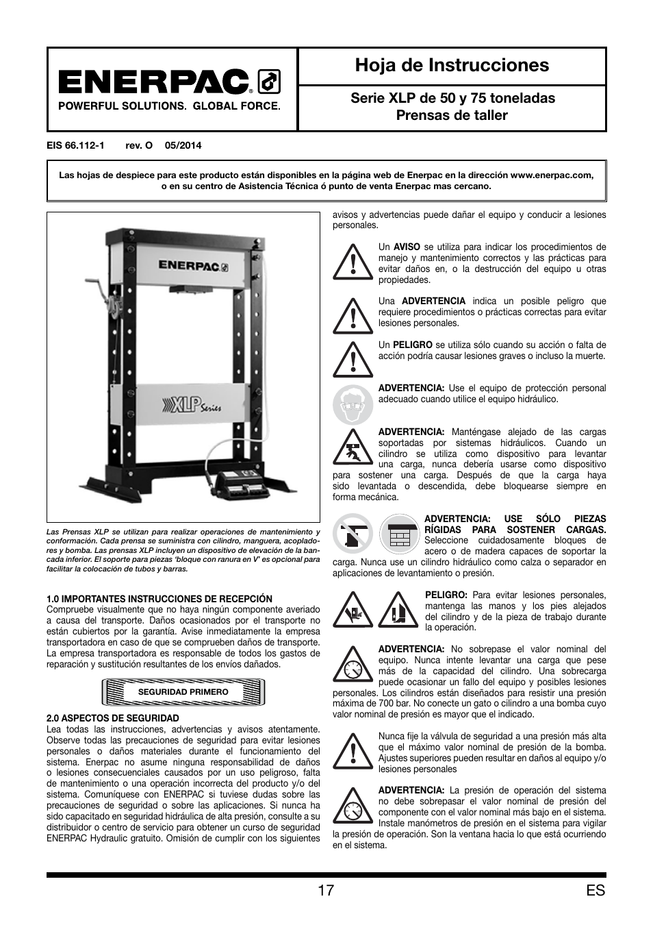 Hoja De Instrucciones Serie Xlp De 50 Y 75 Toneladas Prensas De Taller