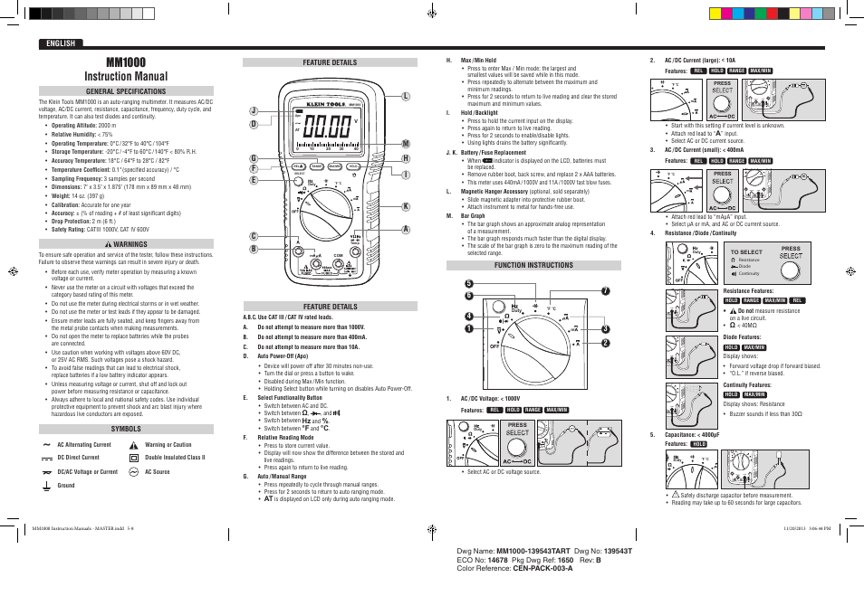 Duty º f ºc m com m, Mm1000 instruction manual | Klein Tools MM1000