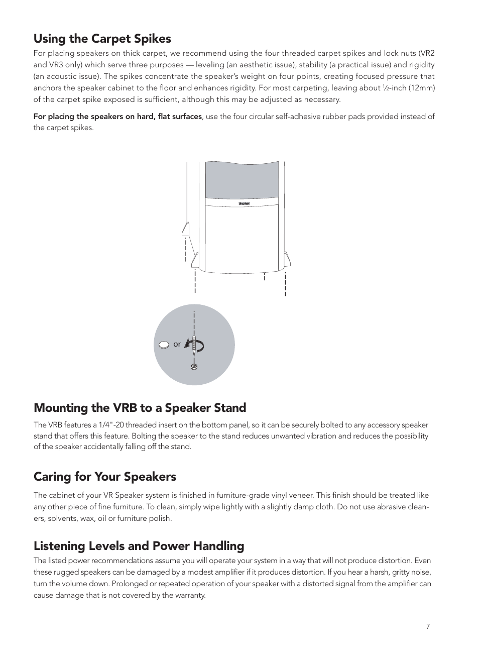 Using the carpet spikes, Mounting the vrb to a speaker stand, Caring