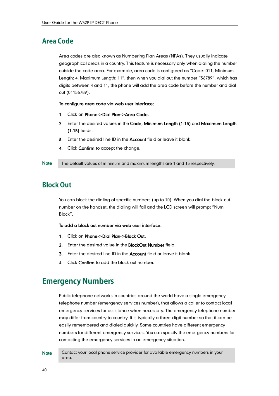 Area code, Block out, Emergency numbers | Yealink W52P User Manual