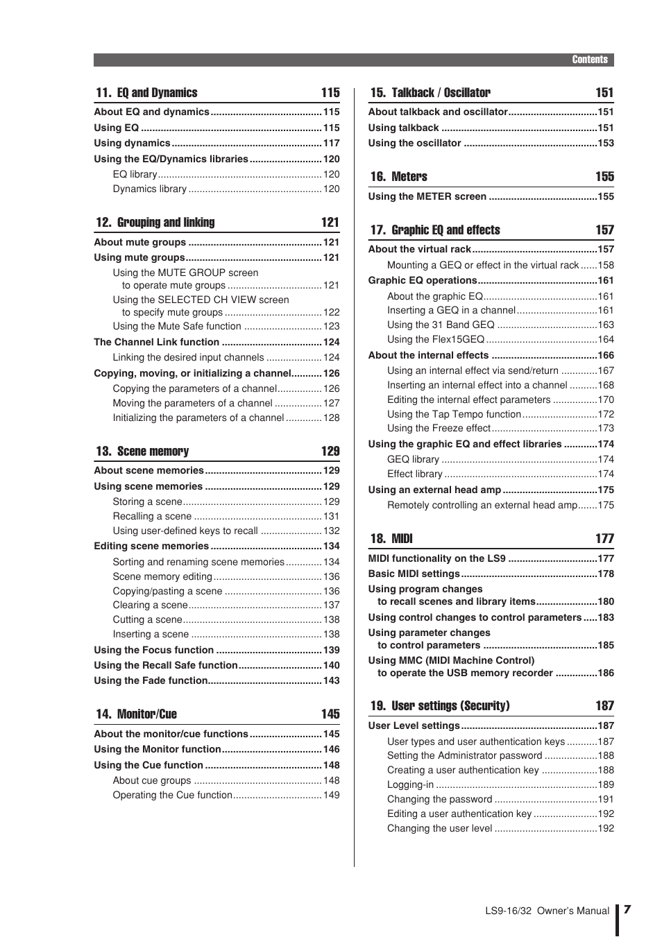 Eq and dynamics 115, Grouping and linking 121, Monitor/cue 145 | Yamaha