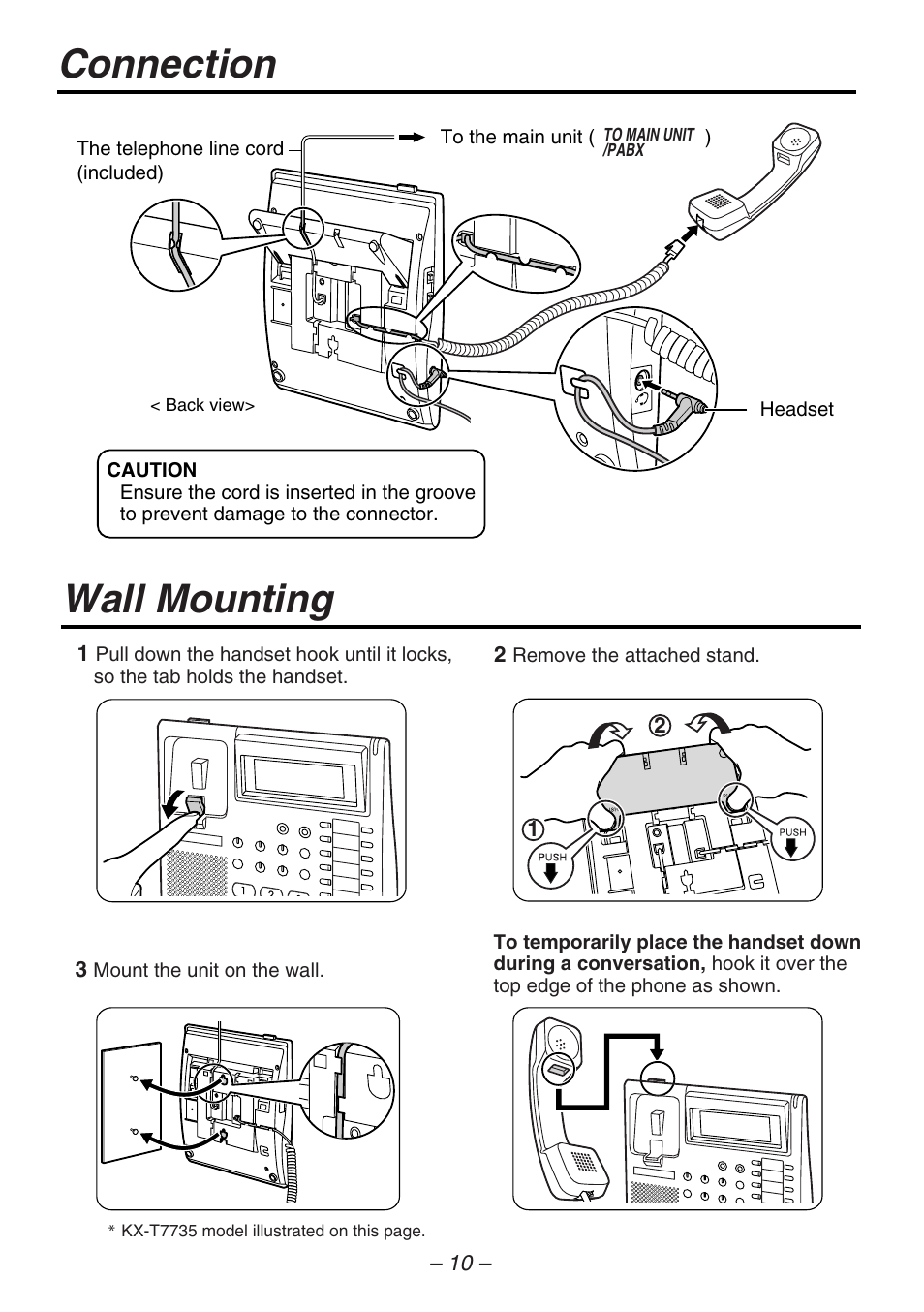 Wall mounting, Connection | Panasonic kx-t7731 User Manual | Page 10 / 16