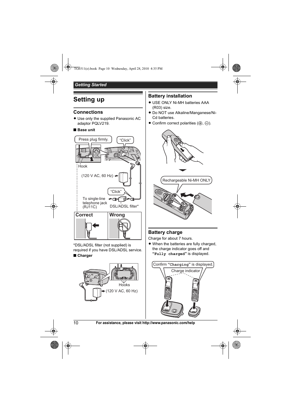 Getting started, Setting up | Panasonic KX-TG6511 User Manual | Page 10