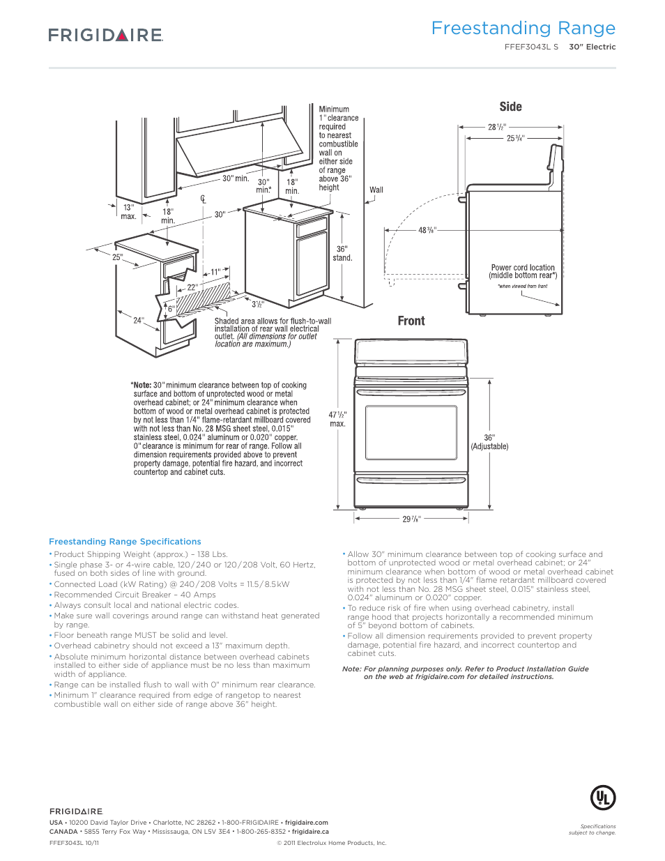 Freestanding range | FRIGIDAIRE FFEF3043LS User Manual | Page 3 / 7