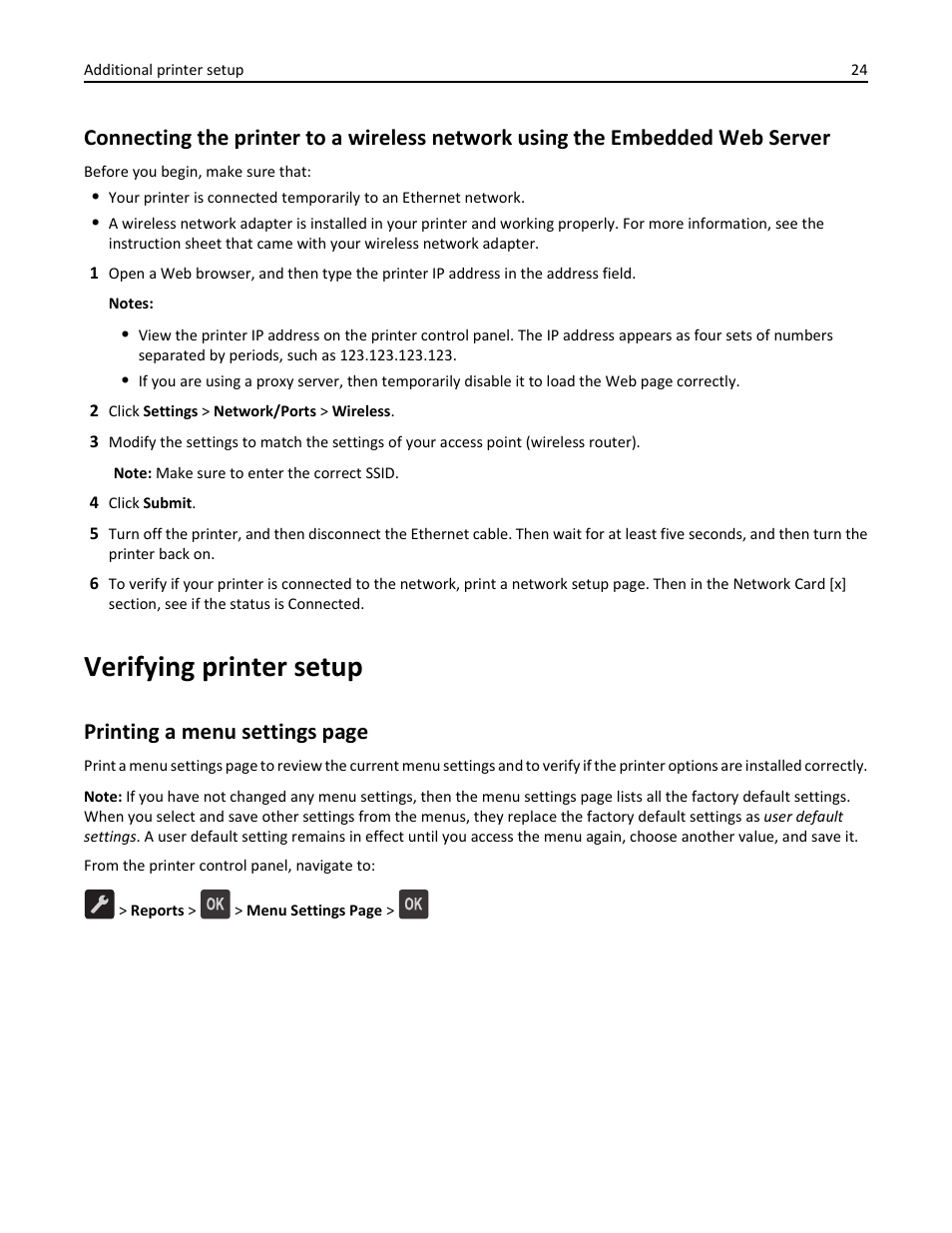 Verifying printer setup, Printing a menu settings page | Dell B2360dn