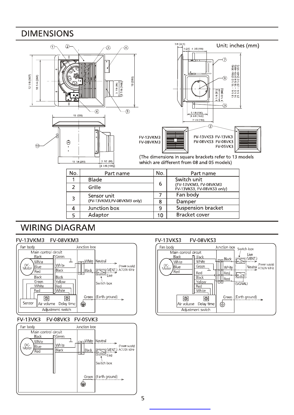 Dimensions, Wiring diagram | Panasonic FV-08VK3 User Manual | Page 5 / 12