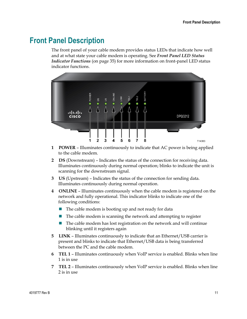 Front panel description | Cisco DPQ3212 User Manual | Page 11 / 40