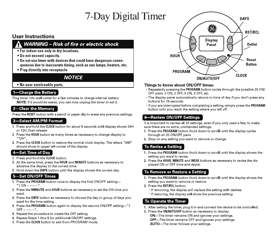 GE Plug-In 15091 GE 7-Day Digital Timer User Manual | 1 page