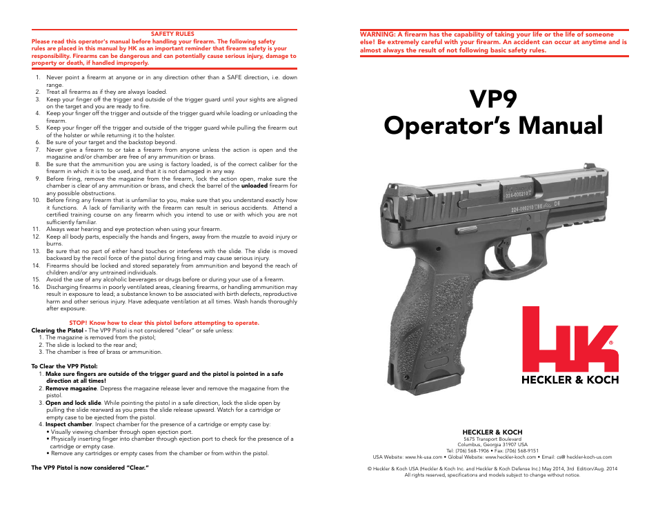 Vp9 operator’s manual | Heckler&Koch VP9 User Manual | Page 2 / 19